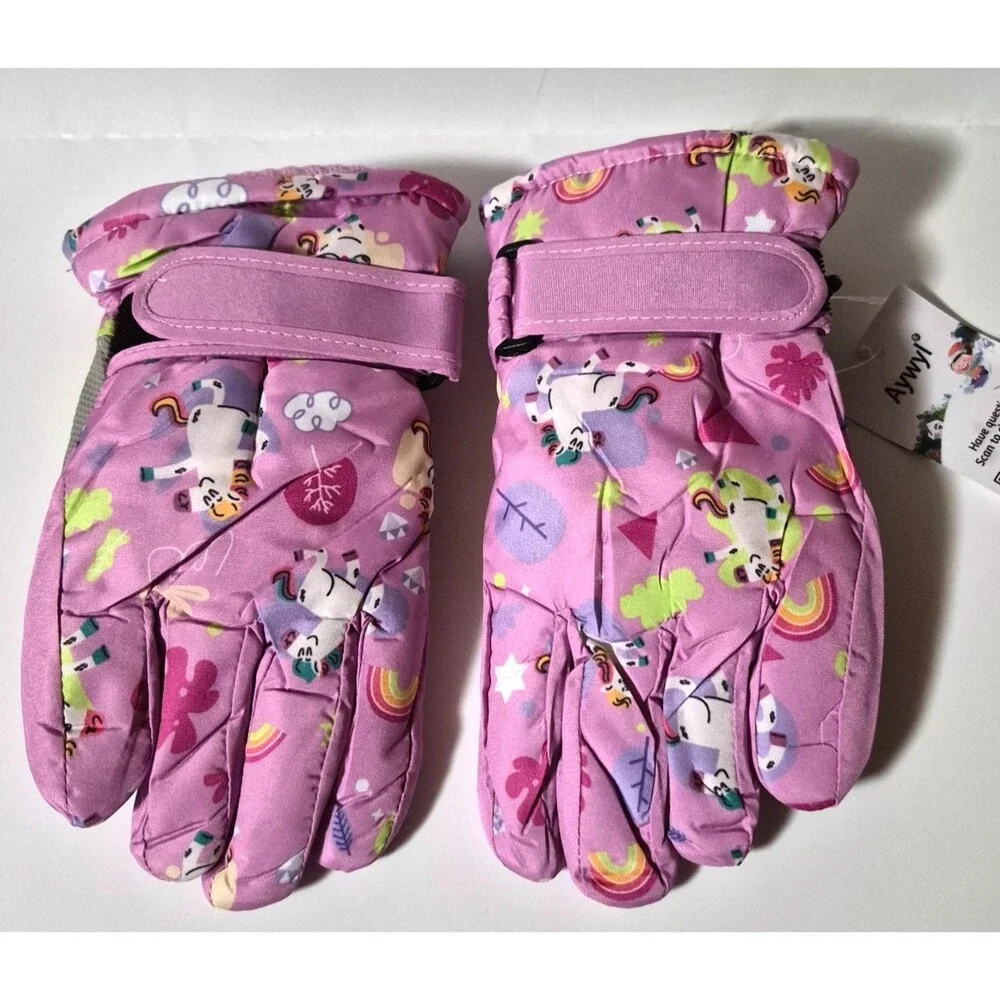 Kids Girls Pink Unicorn Multi Pattern Winter Snow Gloves NEW WITH TAGS